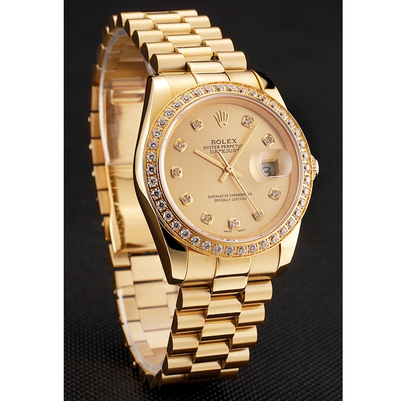 Aaa replica Gold Diamond Swiss Dial 1454097 Datejust Champagne Bracelet Rolex Bezel 0714